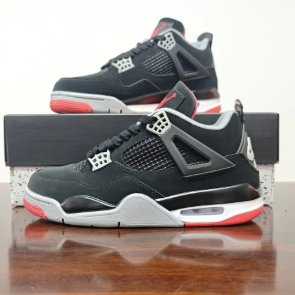 New With Box Men's Air Jordan 4 Bred (Black Fire Red Cement Grey)
